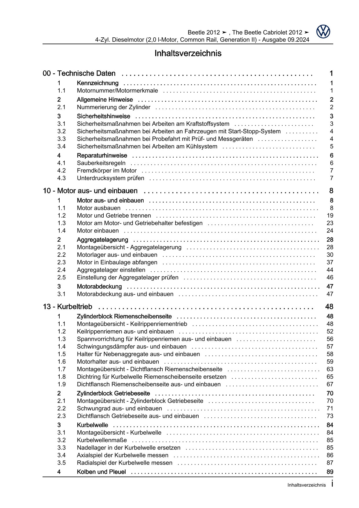 VW Beetle Typ 5C 2011-2016 4-Zyl. Dieselmotor 2,0l 140 PS Reparaturanleitung
