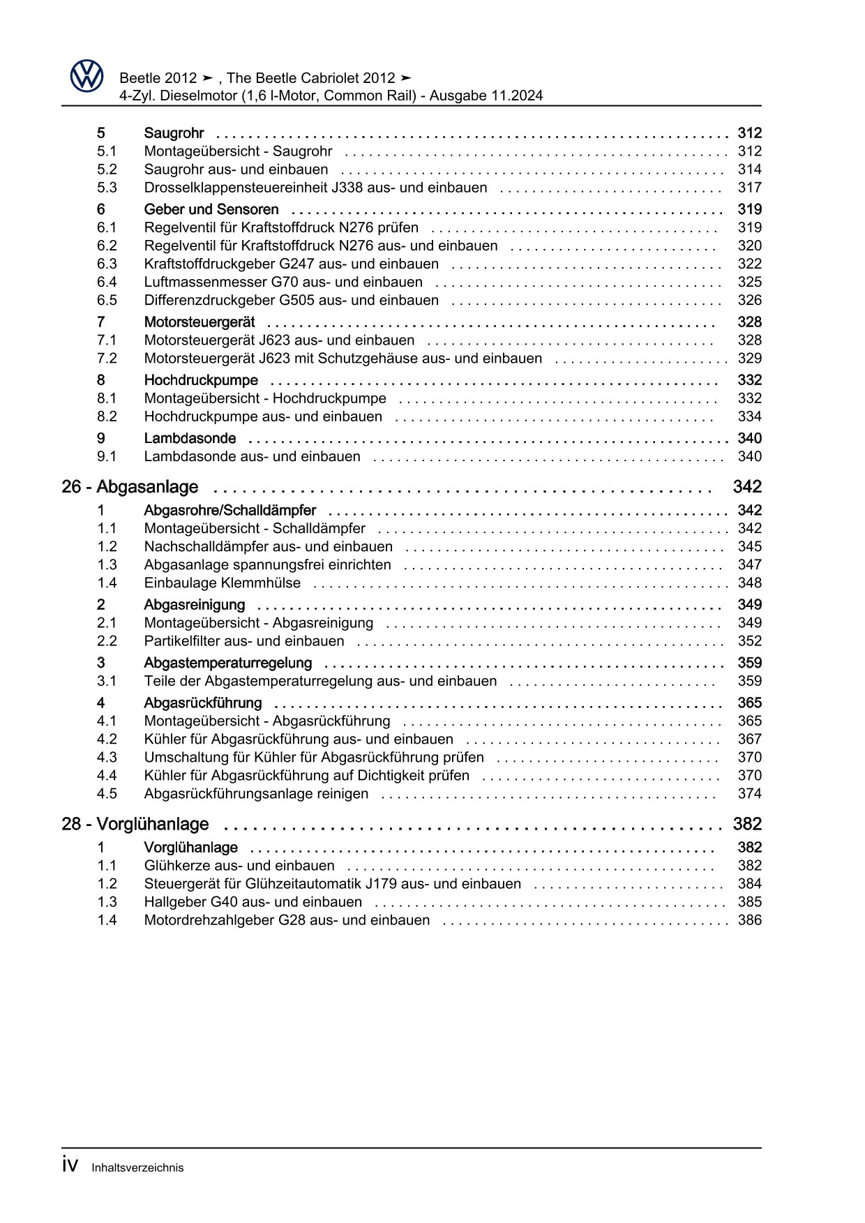 VW Beetle Typ 5C 2011-2016 4-Zyl. Dieselmotor 1,6l 105 PS Reparaturanleitung