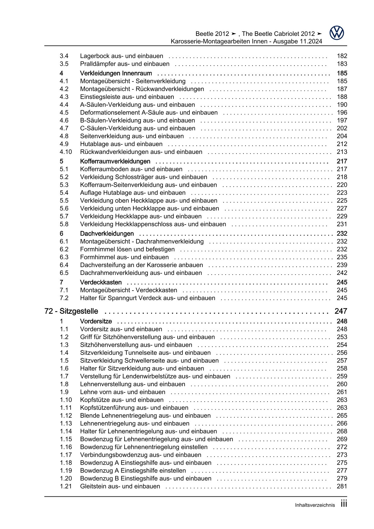 VW Beetle Cabrio 5C (11-16) Karosserie Montagearbeiten Innen Reparaturanleitung