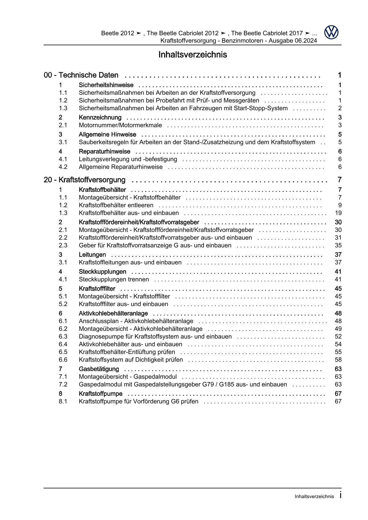 VW Beetle Cabrio 5C (11-16) Kraftstoffversorgung Benzinmotor Reparaturanleitung