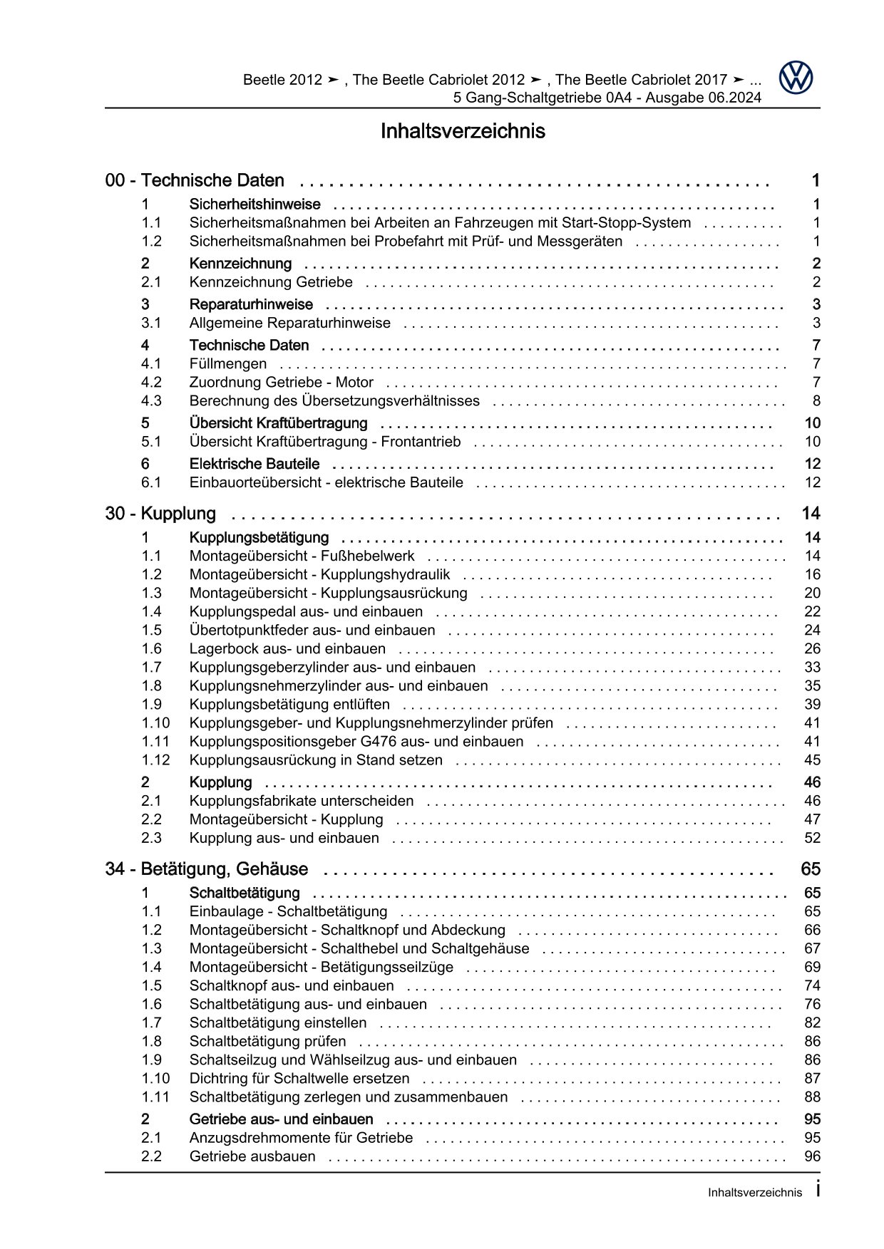 VW Beetle Cabrio Typ 5C 2011-2016 5 Gang Schaltgetriebe 0A4 Reparaturanleitung