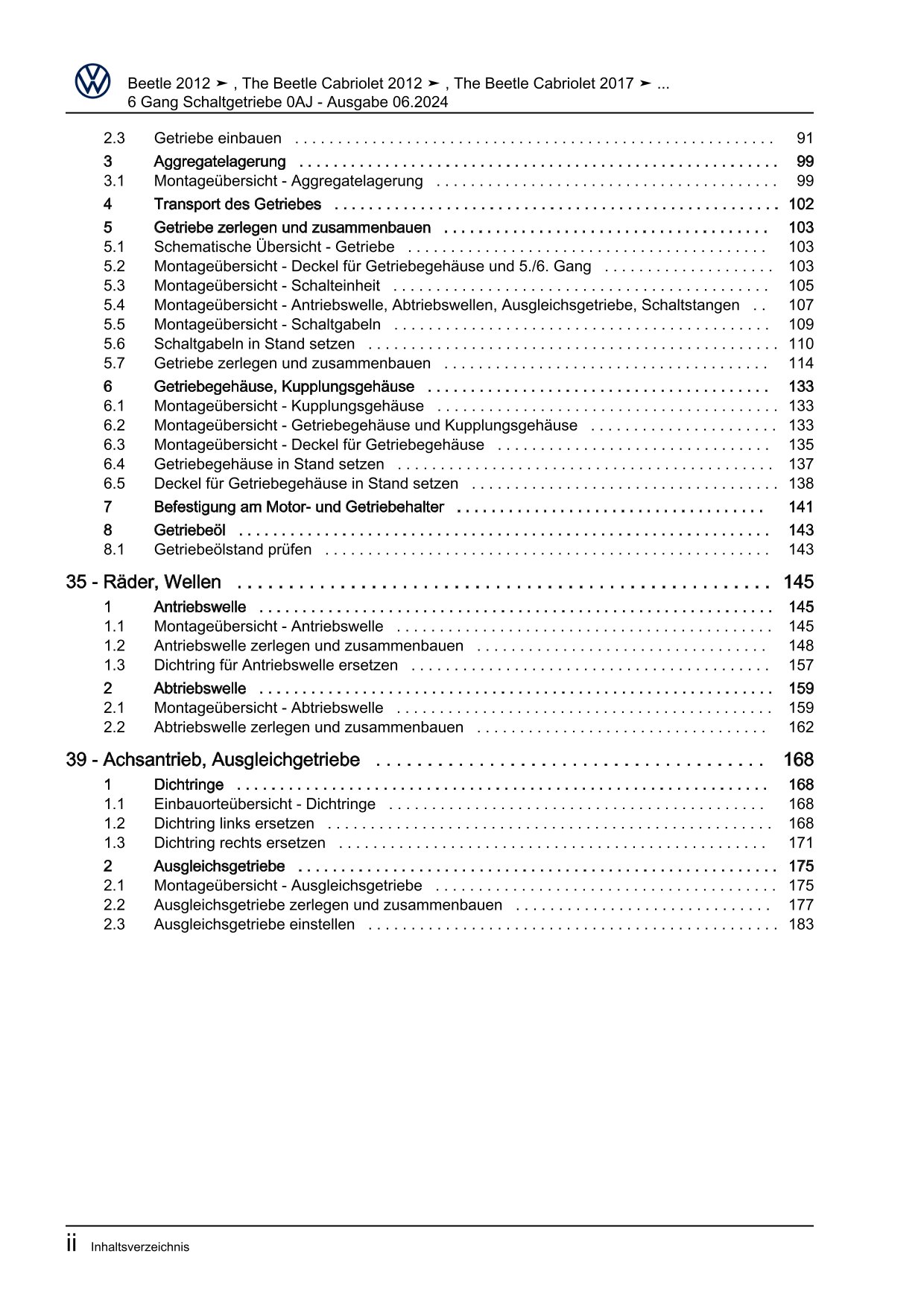 VW Beetle Cabrio Typ 5C 2011-2016 6 Gang Schaltgetriebe 0AJ Reparaturanleitung