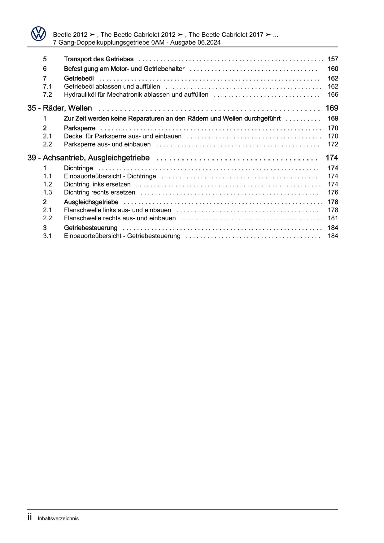 VW Beetle Cabrio 5C (11-16) 7 Gang Automatikgetriebe DKG 0AM Reparaturanleitung