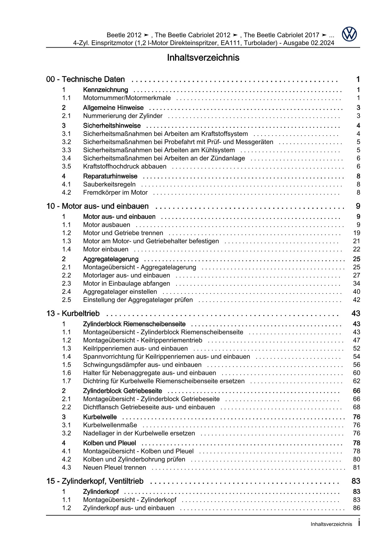 VW Beetle Cabrio 5C 2011-2016 4-Zyl. Benzinmotor 1,2l 105 PS Reparaturanleitung