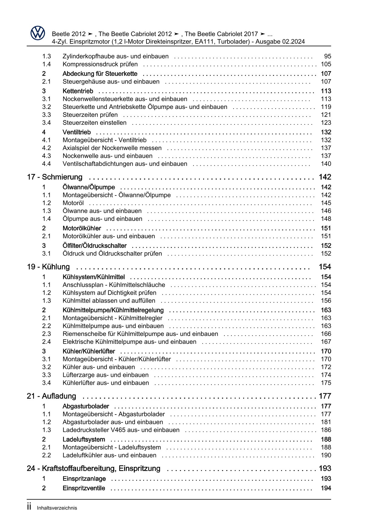 VW Beetle Cabrio 5C 2011-2016 4-Zyl. Benzinmotor 1,2l 105 PS Reparaturanleitung