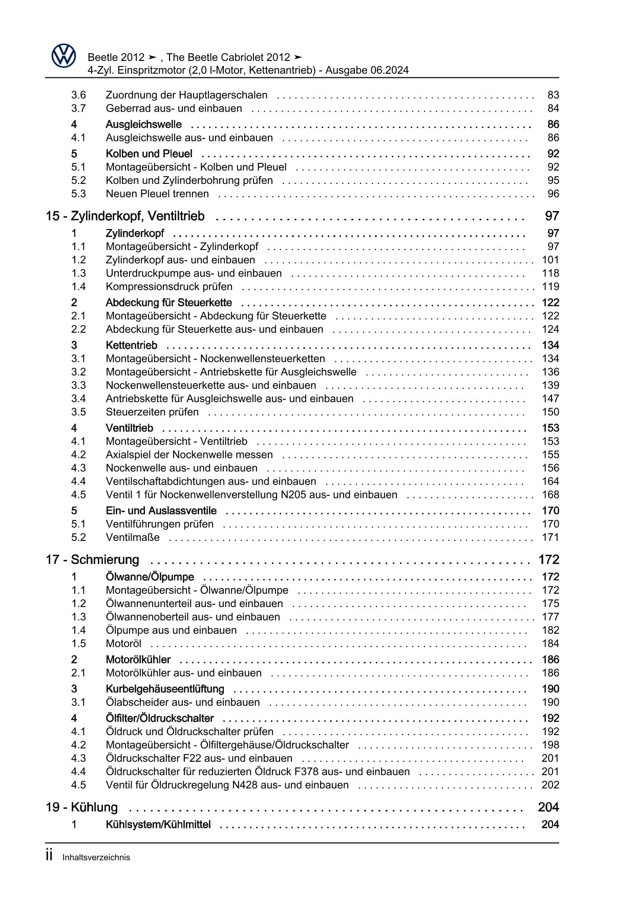 VW Beetle Cabrio 5C 2011-2016 4-Zyl. Benzinmotor 2,0l 200 PS Reparaturanleitung