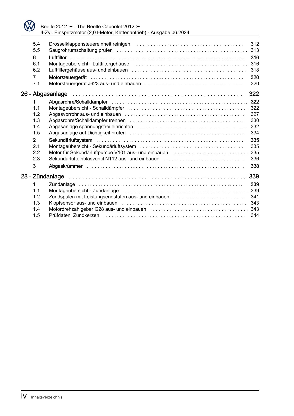 VW Beetle Cabrio 5C 2011-2016 4-Zyl. Benzinmotor 2,0l 200 PS Reparaturanleitung
