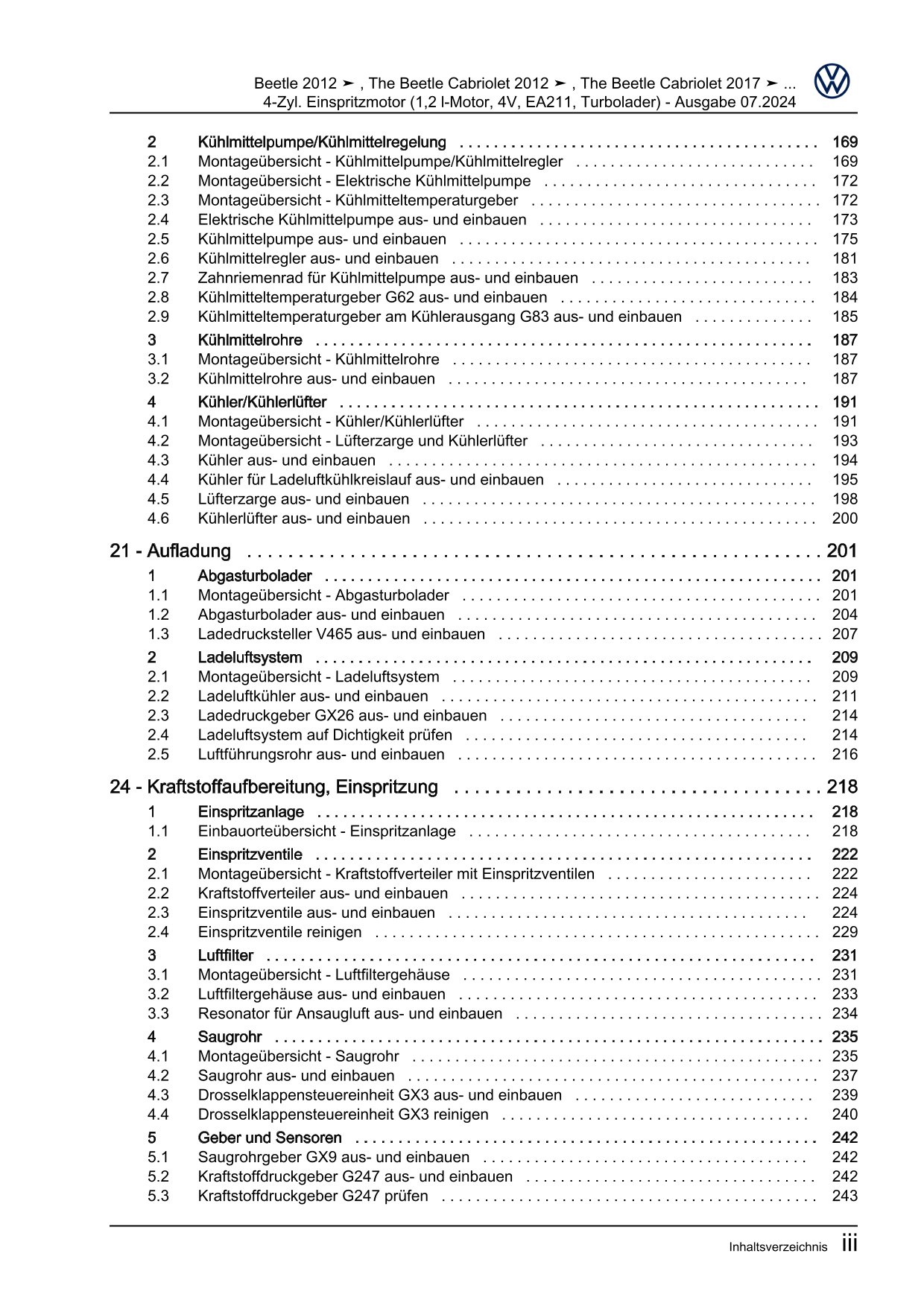 VW Beetle Cabrio 5C 2011-2016 4-Zyl. 1,2l Benzinmotor 105 PS Reparaturanleitung