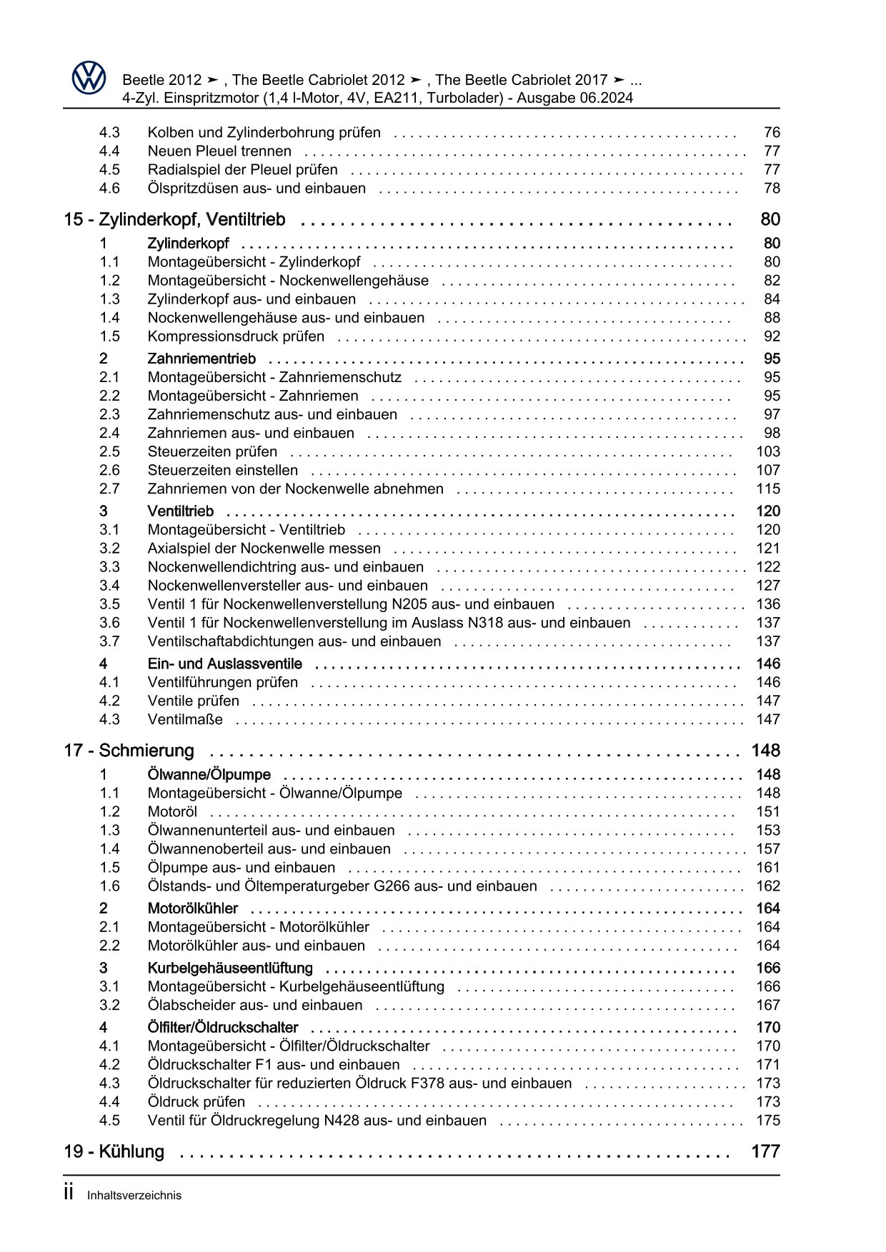 VW Beetle Cabrio 5C 2011-2016 4-Zyl. Benzinmotor 1,4l 150 PS Reparaturanleitung