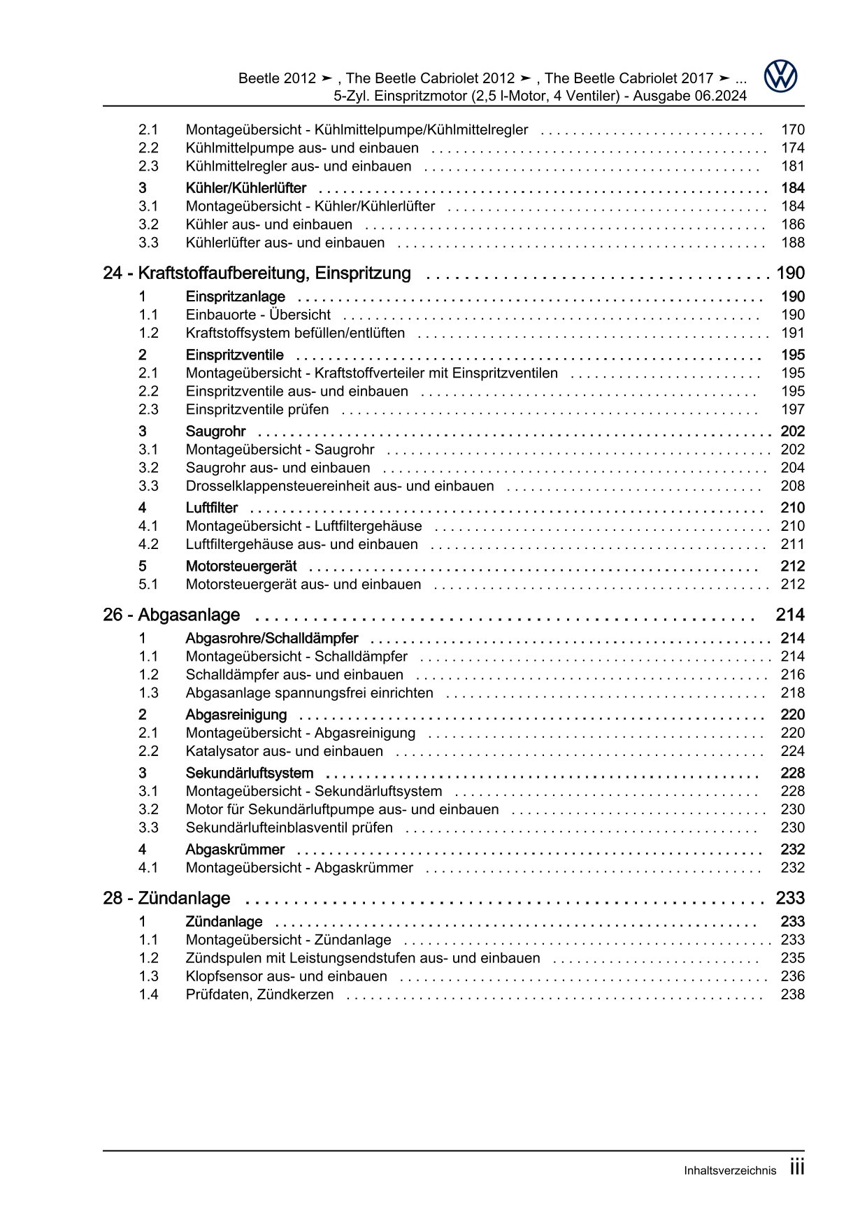 VW Beetle Cabrio 5C 2011-2016 5-Zyl. Benzinmotor 2,5l 170 PS Reparaturanleitung