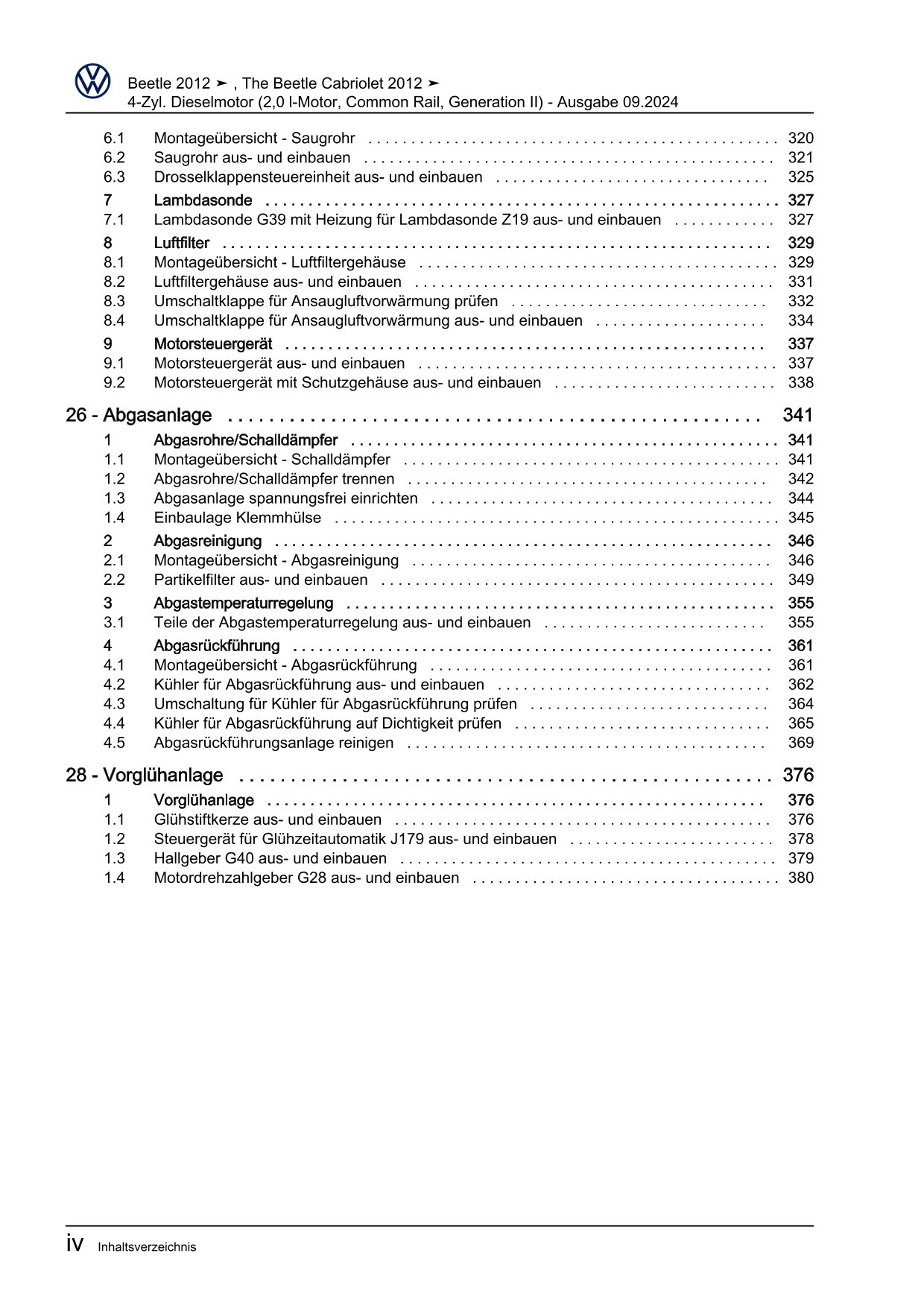 VW Beetle Cabrio 5C 2011-2016 4-Zyl. Dieselmotor 2,0l 140 PS Reparaturanleitung