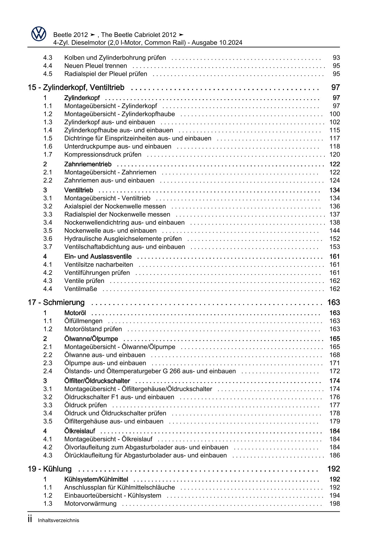 VW Beetle Cabrio 5C 2011-2016 4-Zyl. 2,0l Dieselmotor 140 PS Reparaturanleitung