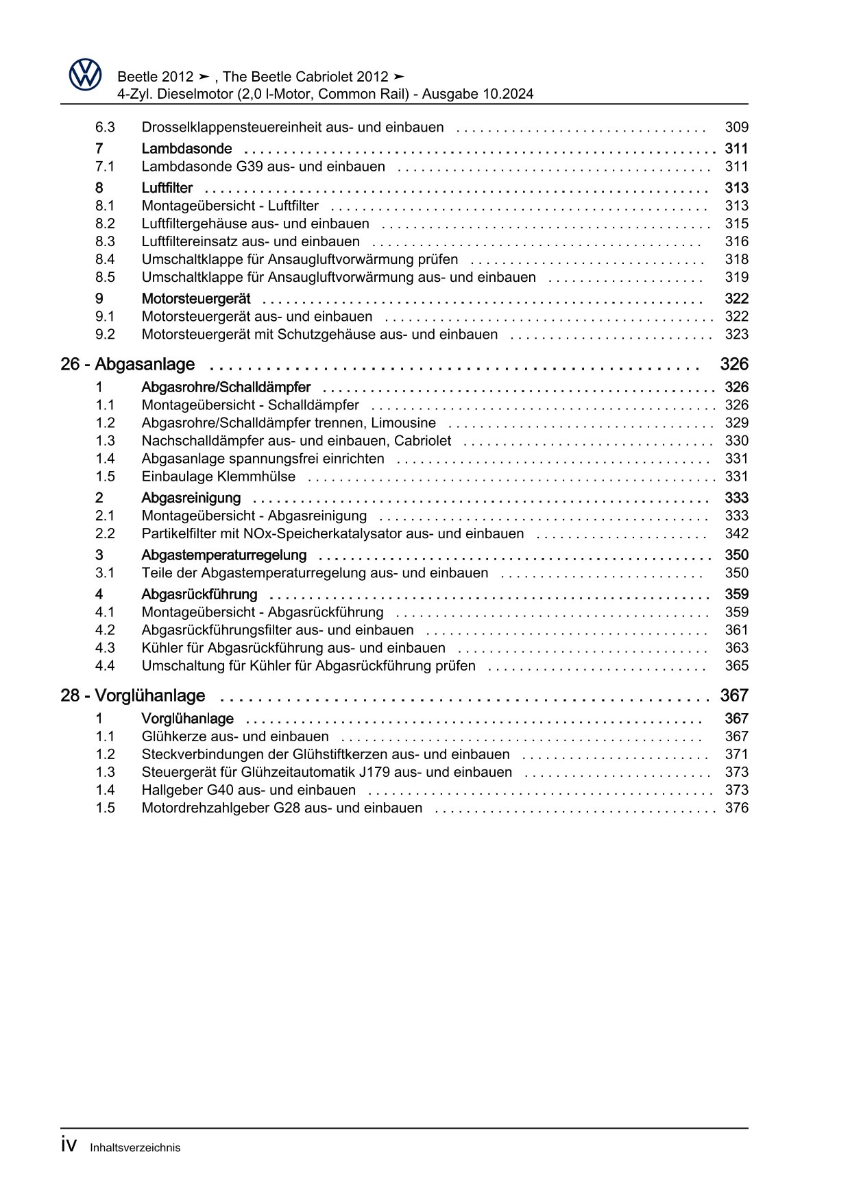 VW Beetle Cabrio 5C 2011-2016 4-Zyl. 2,0l Dieselmotor 140 PS Reparaturanleitung