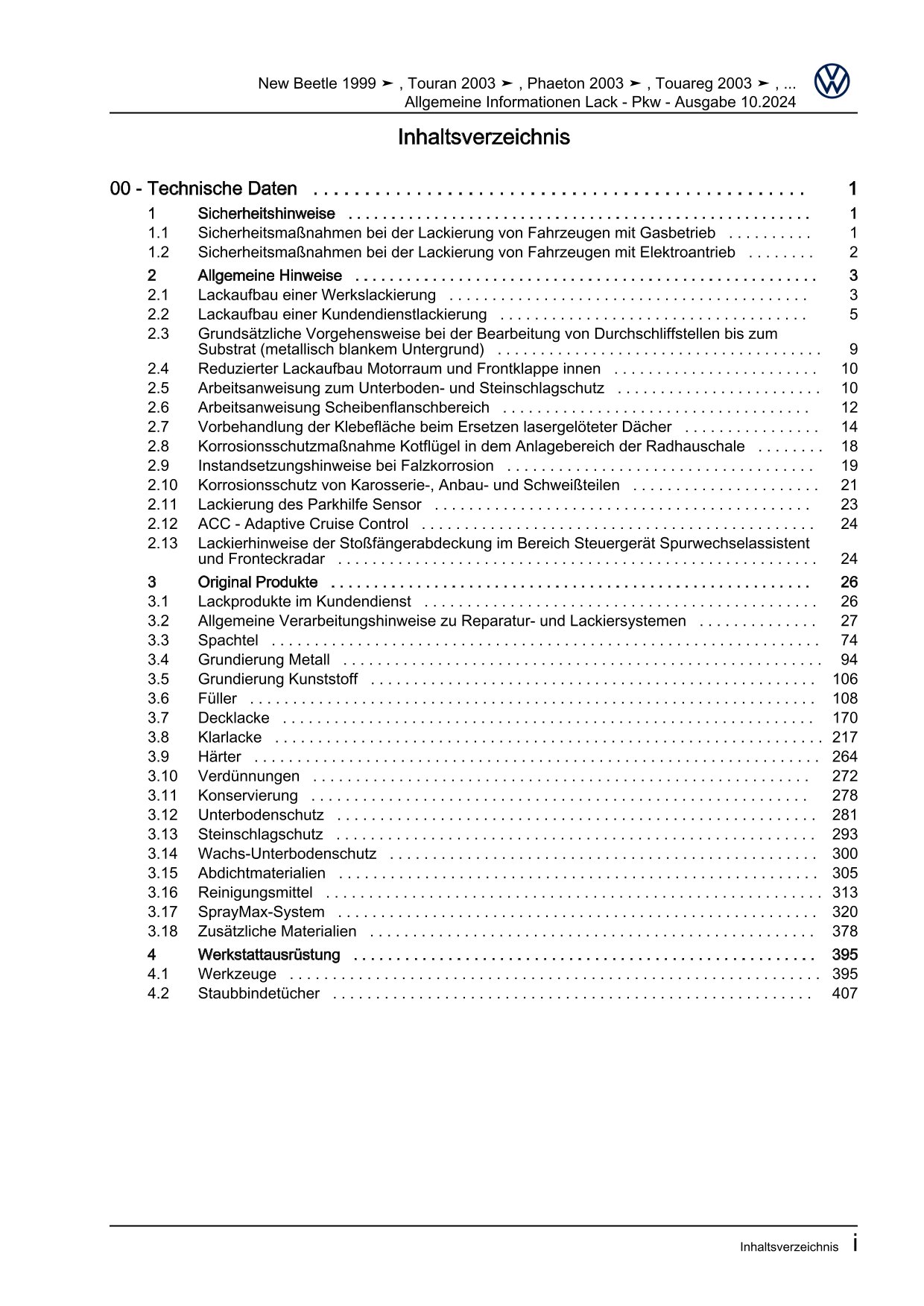 VW Beetle Cabrio Typ 5C 2011-2016 Allgemeine Information Lack Reparaturanleitung