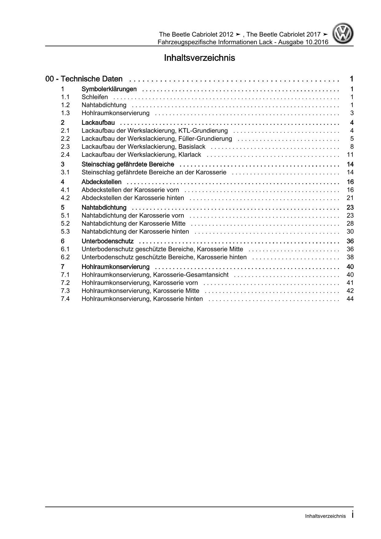 VW Beetle Cabrio 5C 2011-2016 Fahrzeugspezifische Infos Lack Reparaturanleitung