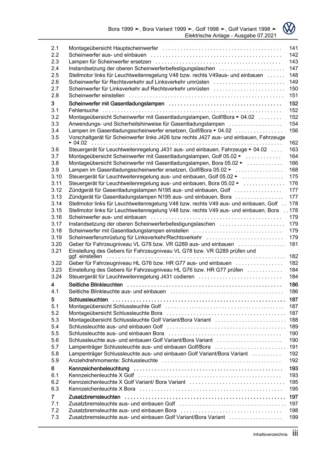 VW Bora Typ 1J 1998-2005 Elektrische Anlage Elektrik Systeme Reparaturanleitung