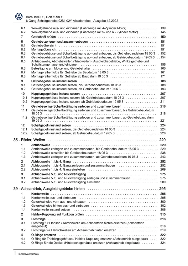VW Bora 1J 1998-2005 6 Gang Schaltgetriebe 02M 02Y Kupplung Reparaturanleitung