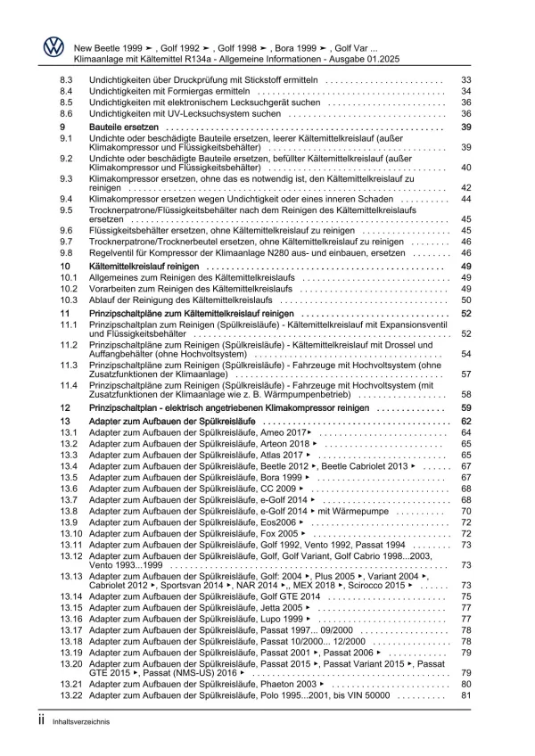 VW Bora Typ 1J 1998-2005 Klimaanlagen mit Kältemittel R134a Reparaturanleitung