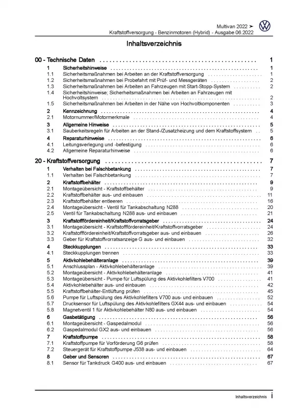 VW Multivan SL ST 21> Kraftstoffversorgung Benzin Hybrid Reparaturanleitung PDF