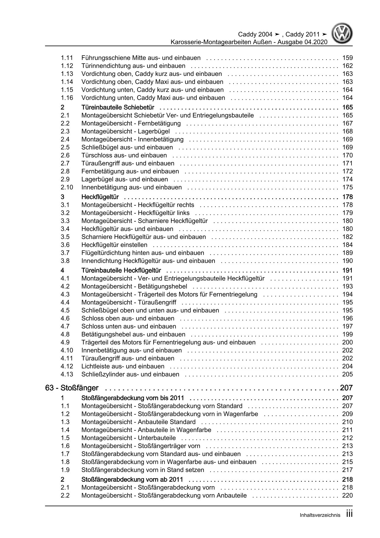 VW Caddy Typ 2C 2010-2015 Karosserie Montagearbeiten Außen Reparaturanleitung