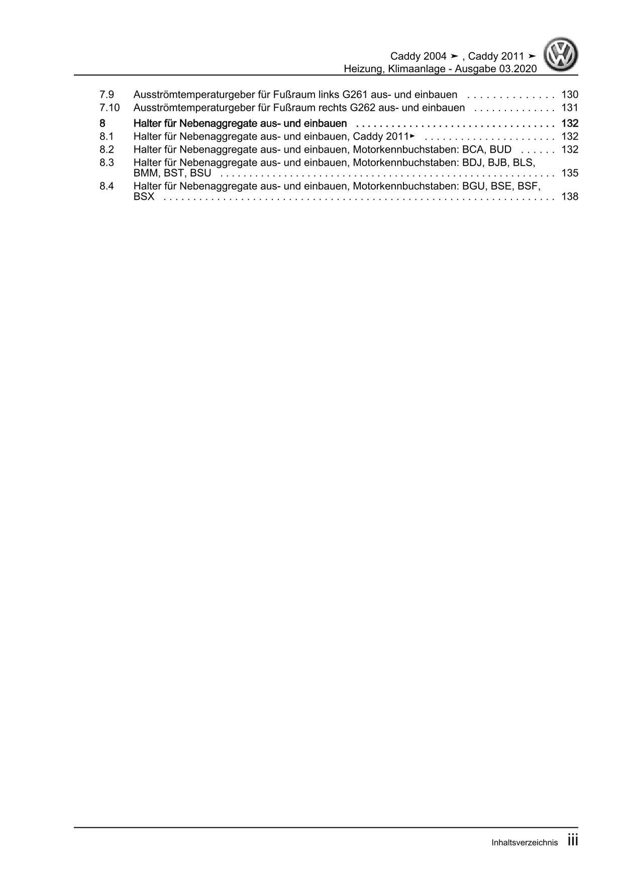 VW Caddy Typ 2C 2010-2015 Heizung Lüftung Klimaanlage Reparaturanleitung