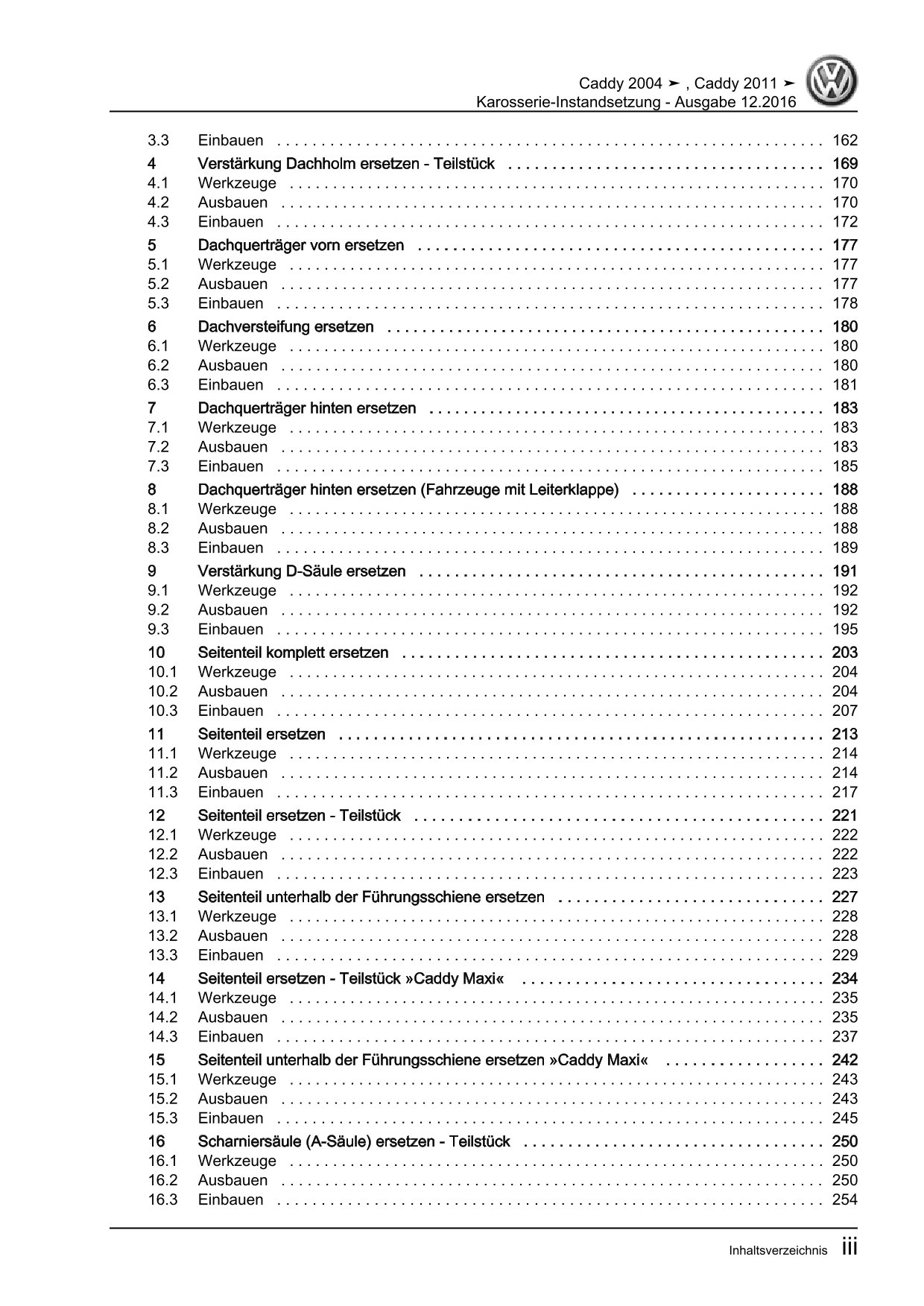 VW Caddy Typ 2C 2010-2015 Karosserie Unfall Instandsetzung Reparaturanleitung