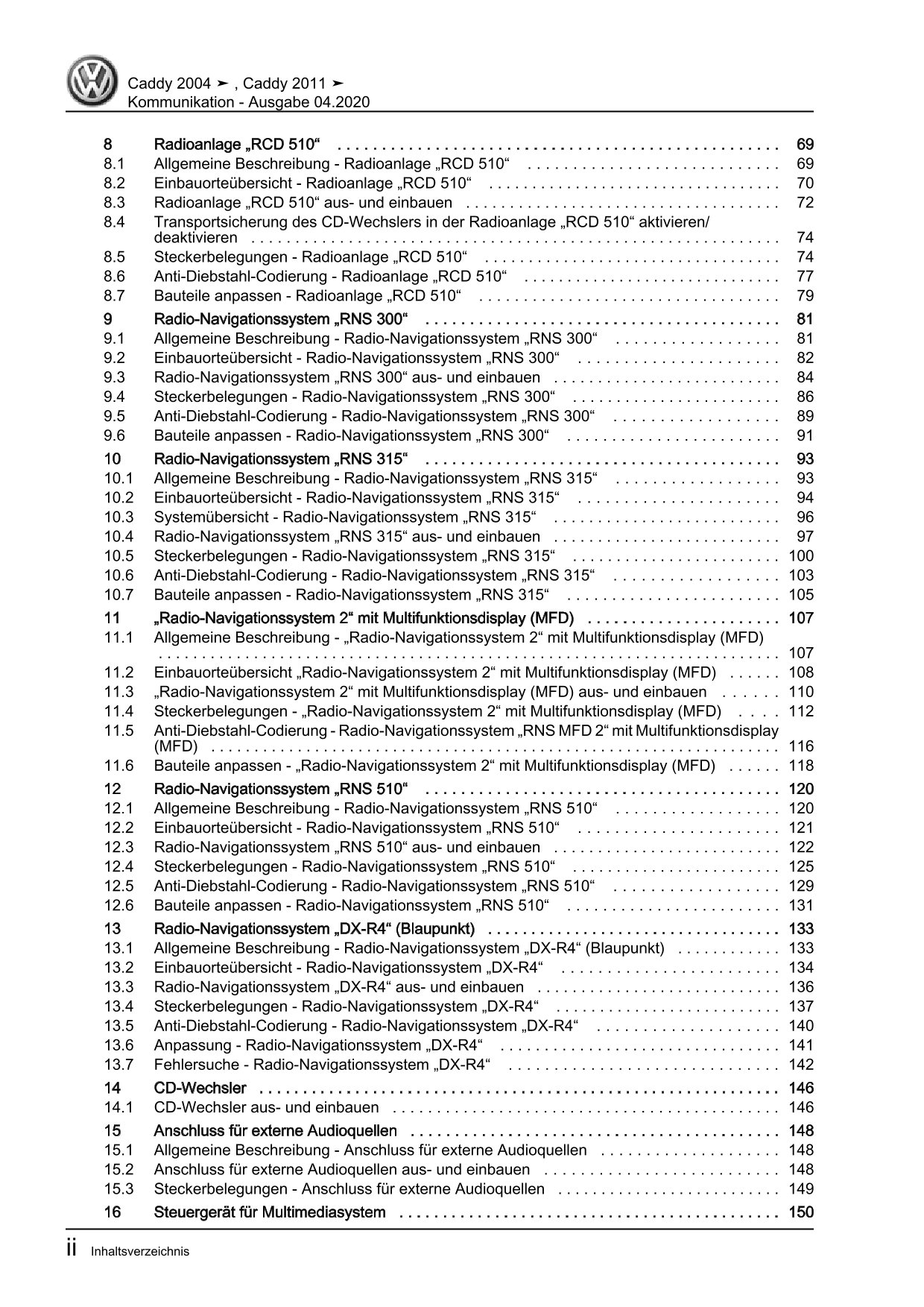 VW Caddy 2C 2010-2015 Kommunikation Radio Telefon Navigation Reparaturanleitung