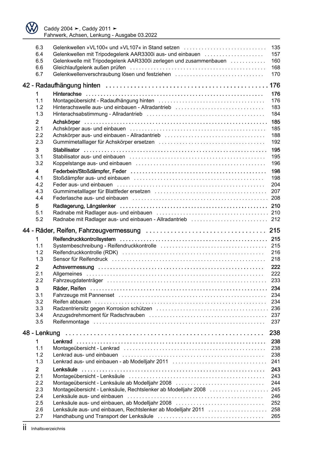 VW Caddy Typ 2C 2010-2015 Fahrwerk Achsen Lenkung Reparaturanleitung