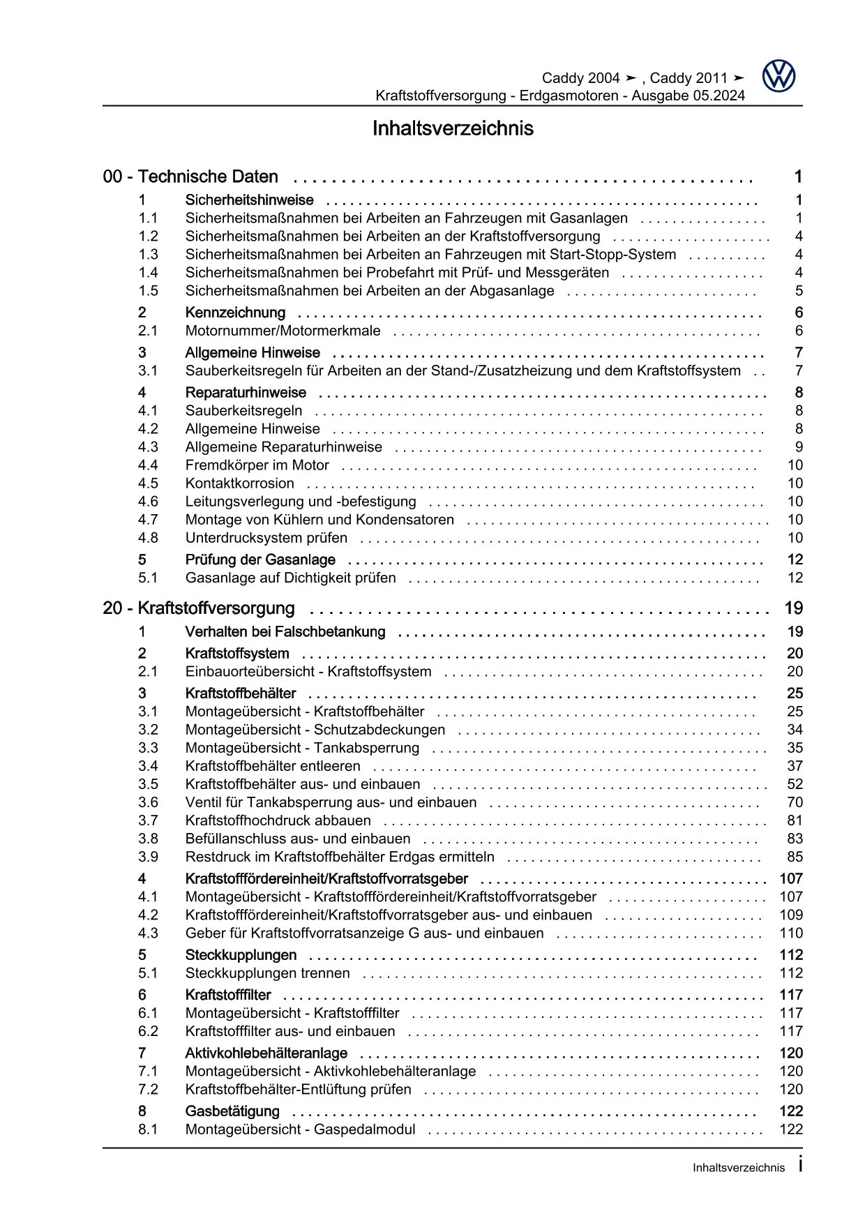 VW Caddy Typ 2C 2010-2015 Kraftstoffversorgung Erdgasmotoren Reparaturanleitung