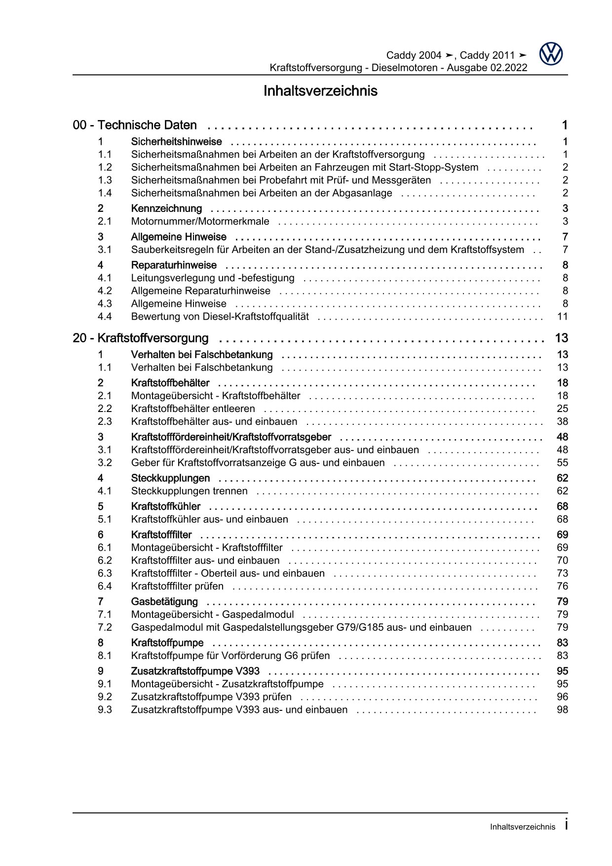 VW Caddy Typ 2C 2010-2015 Kraftstoffversorgung Dieselmotoren Reparaturanleitung