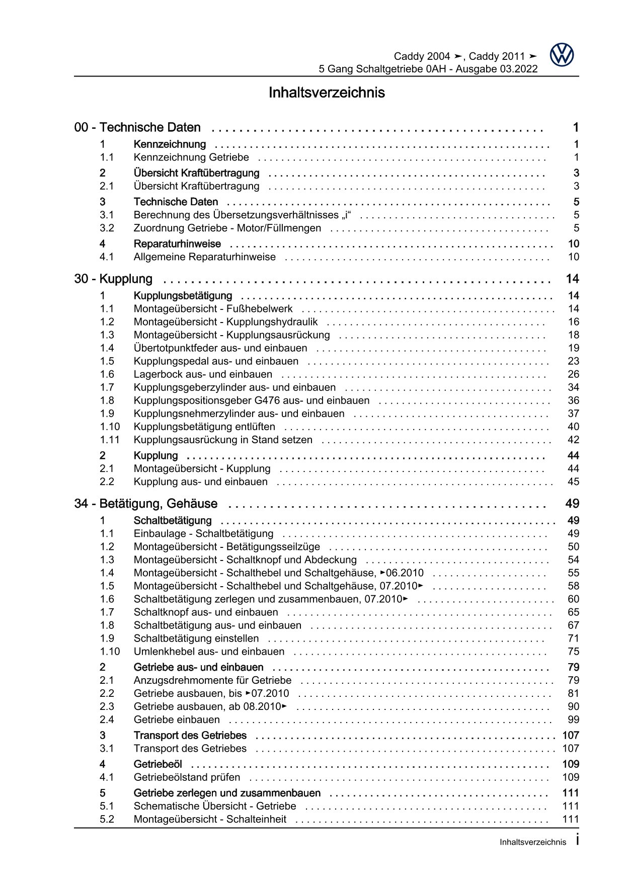 VW Caddy Typ 2C 2010-2015 5 Gang Schaltgetriebe 0AH Kupplung Reparaturanleitung