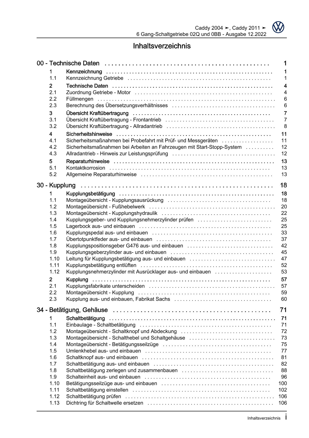 VW Caddy 2C 2010-2015 6 Gang Schaltgetriebe 02Q 0BB Kupplung Reparaturanleitung