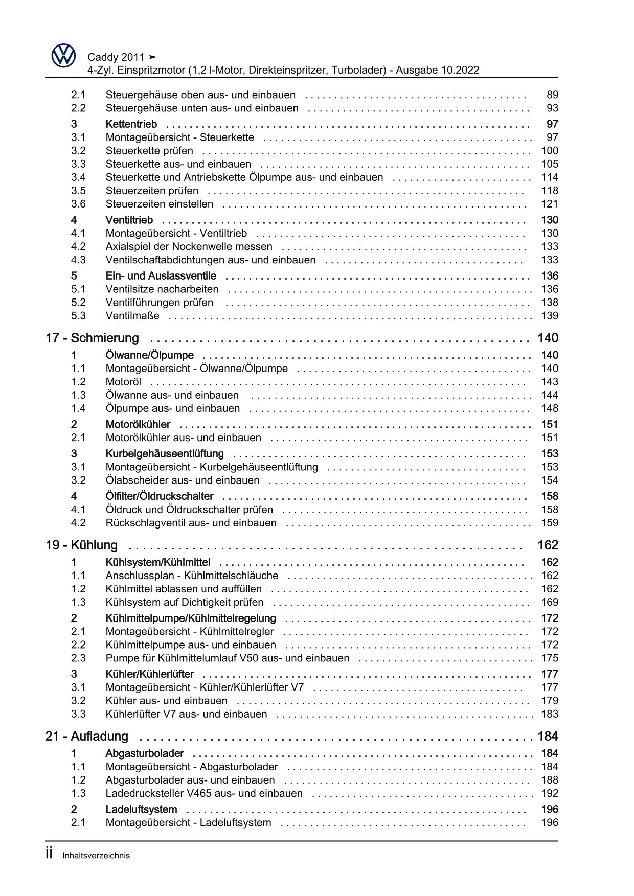 VW Caddy Typ 2C 2010-2015 4-Zyl. Benzinmotor 1,2l 86-105 PS Reparaturanleitung
