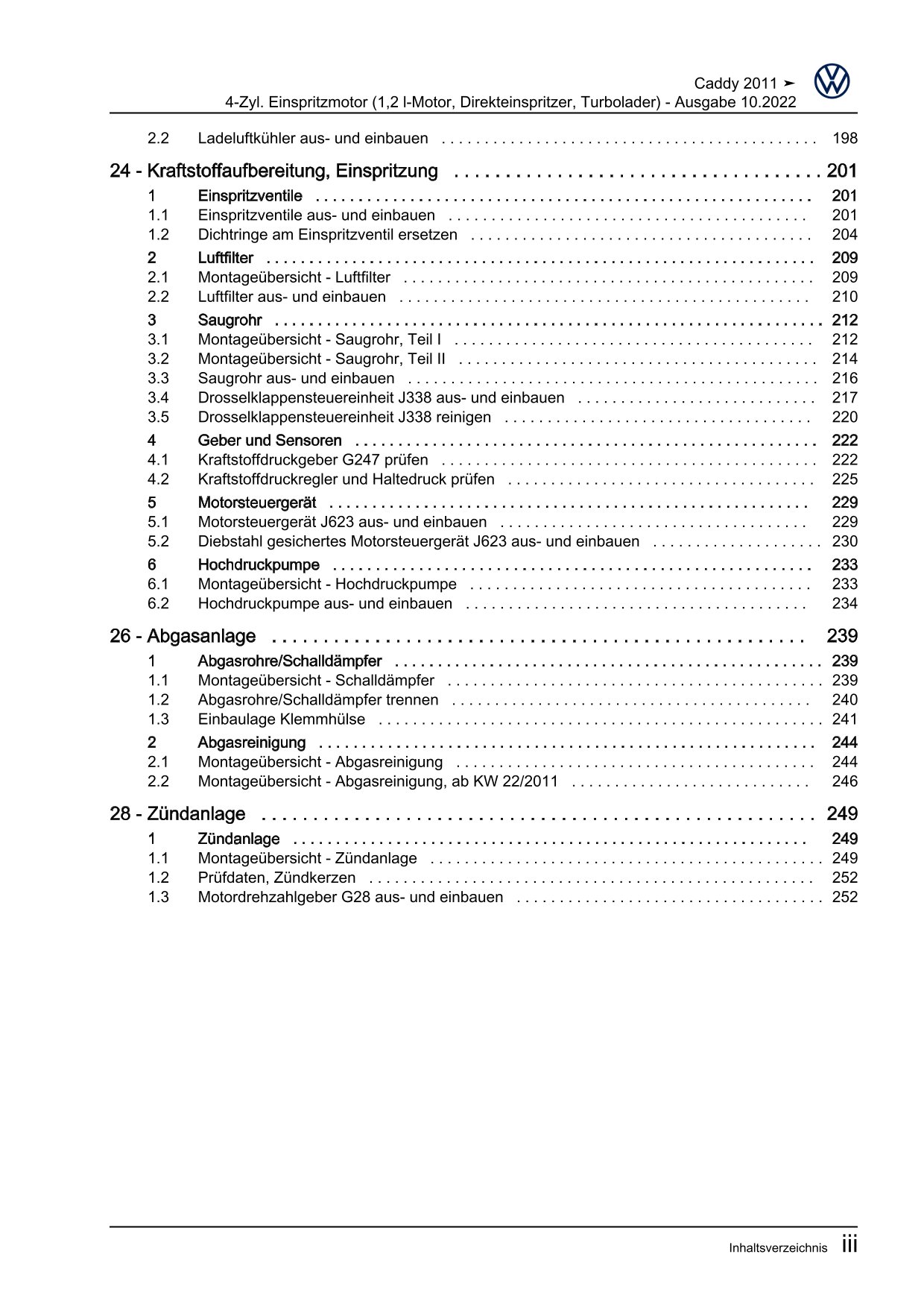 VW Caddy Typ 2C 2010-2015 4-Zyl. Benzinmotor 1,2l 86-105 PS Reparaturanleitung