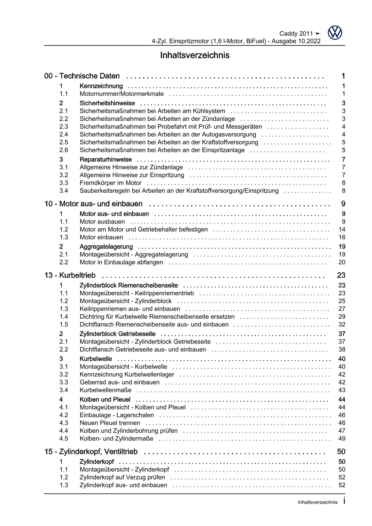 VW Caddy Typ 2C 2010-2015 4-Zyl. Erdgas Benzinmotor 102 PS Reparaturanleitung
