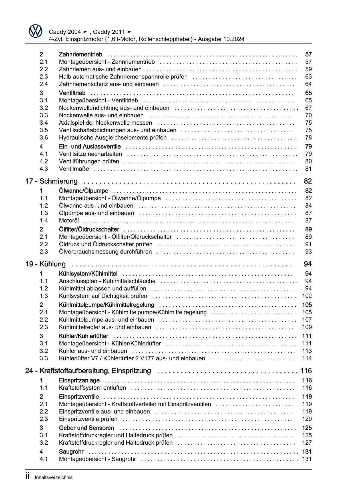 VW Caddy Typ 2C 2010-2015 4-Zyl. Benzinmotor 1,6l 102 PS Reparaturanleitung