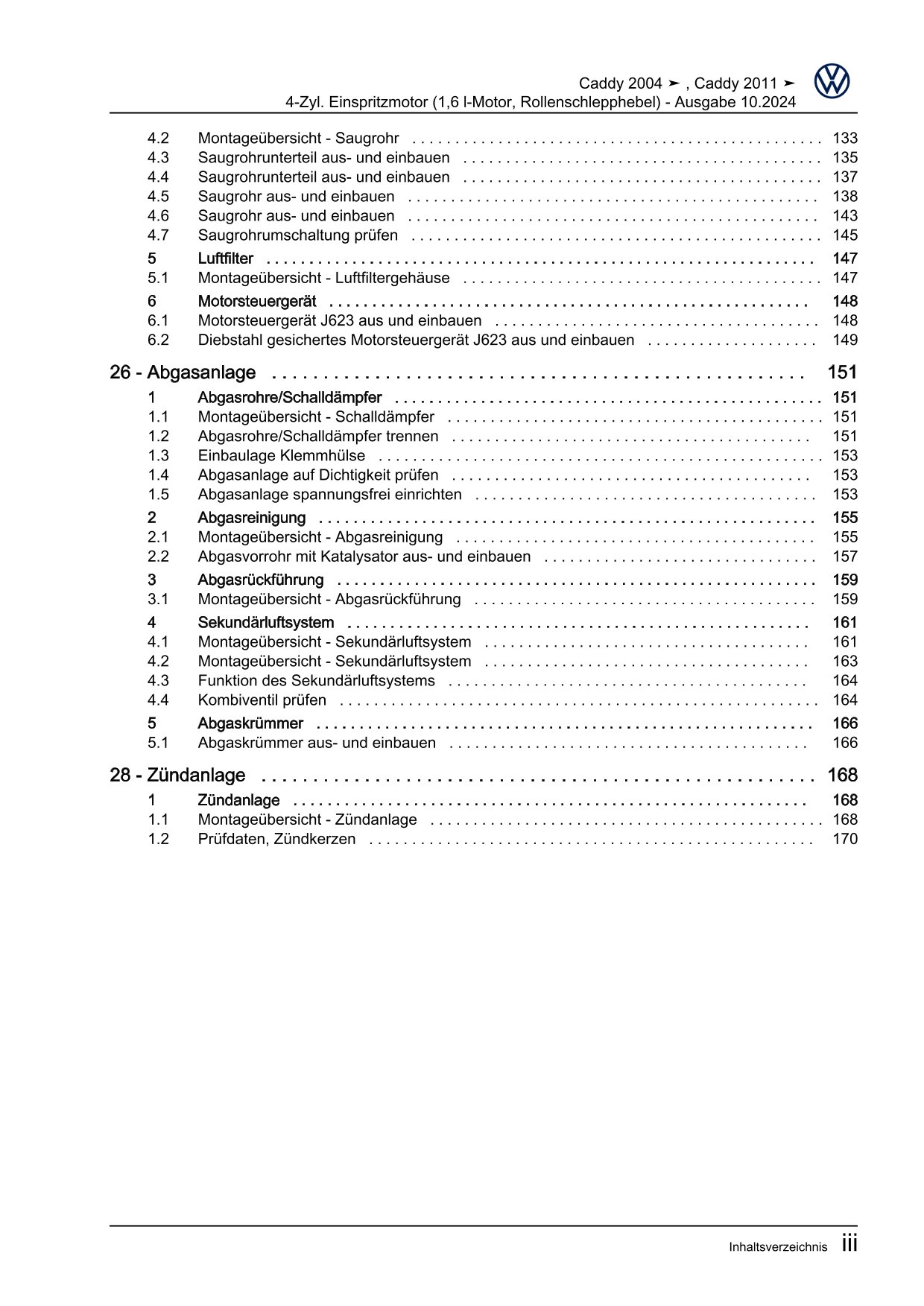 VW Caddy Typ 2C 2010-2015 4-Zyl. Benzinmotor 1,6l 102 PS Reparaturanleitung