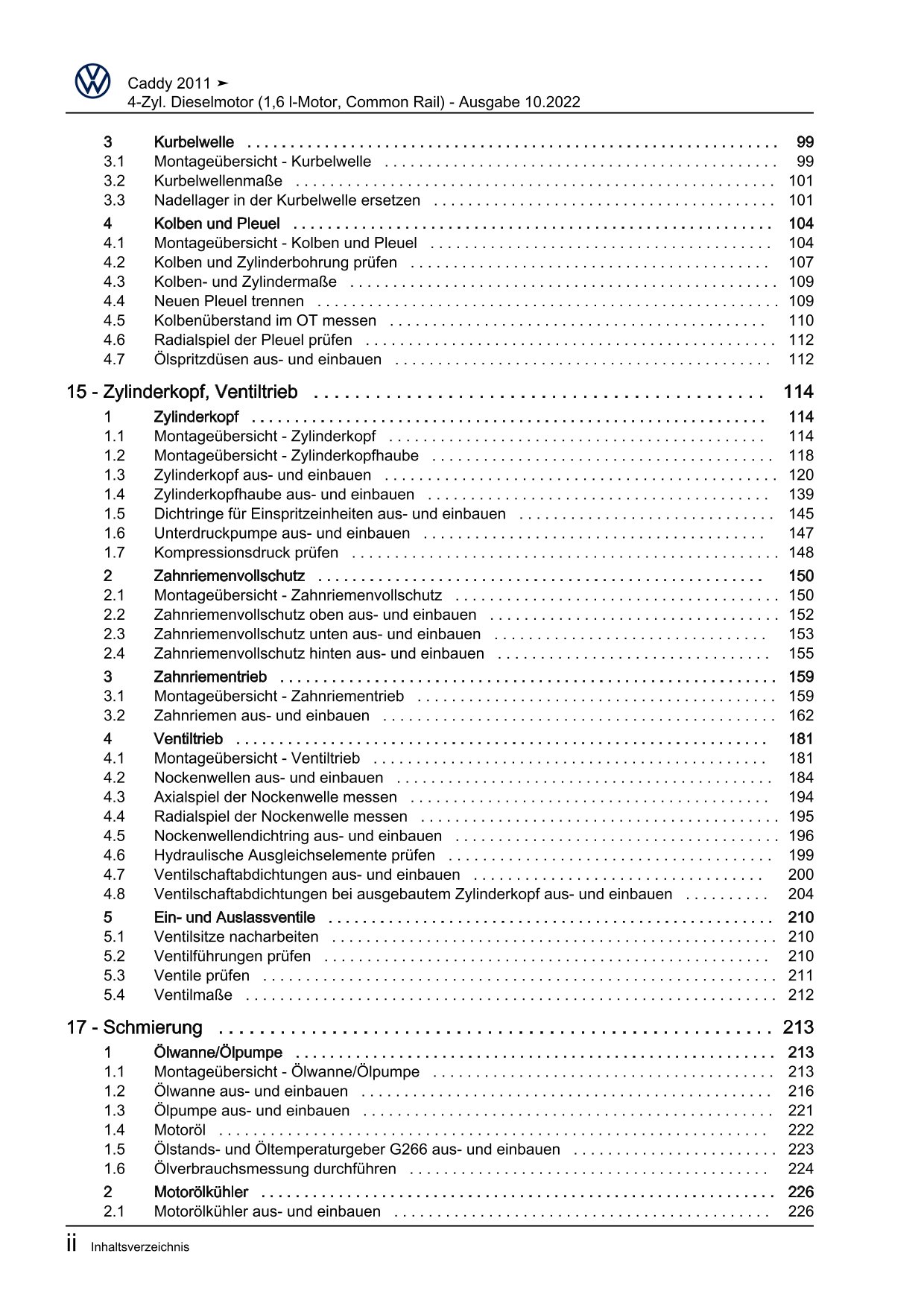 VW Caddy Typ 2C 2010-2015 4-Zyl. Dieselmotor 1,6l 75-102 PS Reparaturanleitung