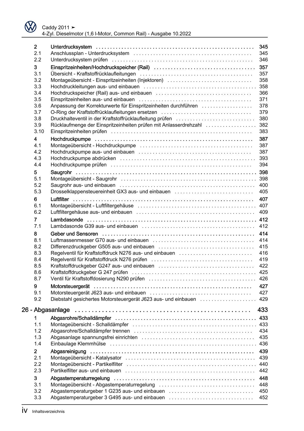 VW Caddy Typ 2C 2010-2015 4-Zyl. Dieselmotor 1,6l 75-102 PS Reparaturanleitung