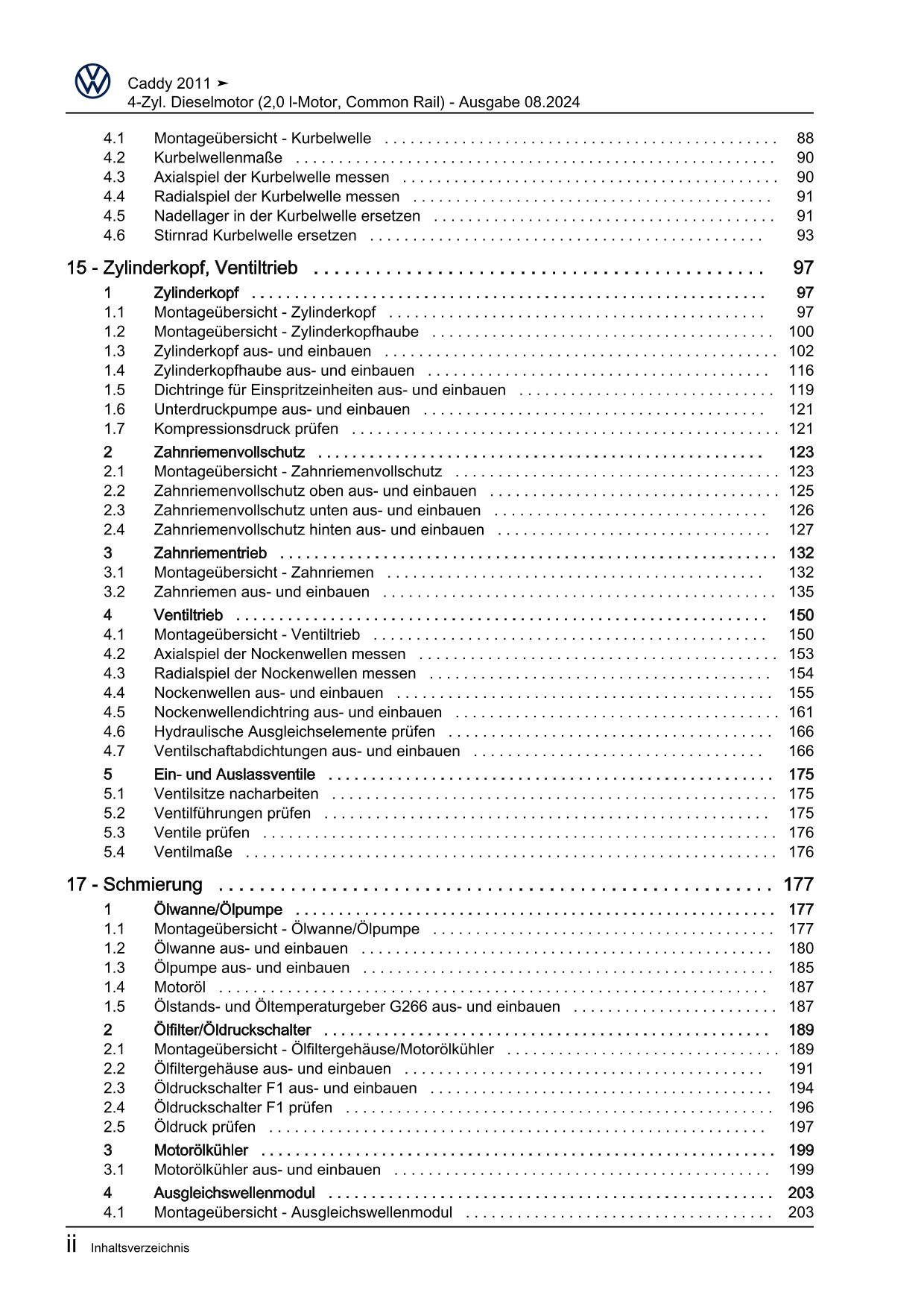 VW Caddy Typ 2C 2010-2015 4-Zyl. Dieselmotor 2,0l 85-170 PS Reparaturanleitung