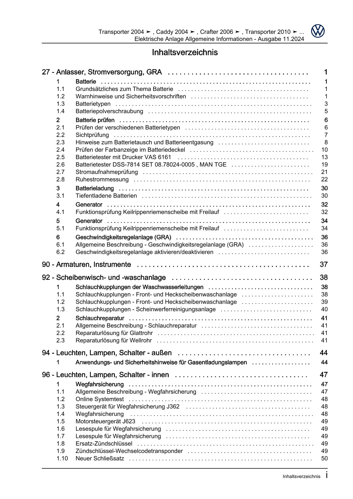 VW Caddy Typ 2C 2010-2015 Allgemeine Infos Elektrische Anlage Reparaturanleitung