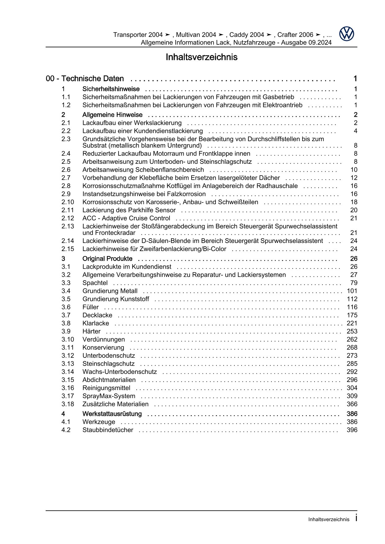 VW Caddy Typ 2C 2010-2015 Allgemeine Information Lack Reparaturanleitung