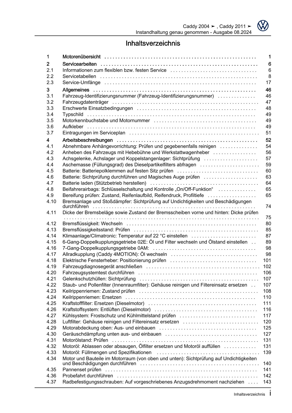 VW Caddy Typ 2K 2003-2010 Instandhaltung Inspektion Wartung Reparaturanleitung