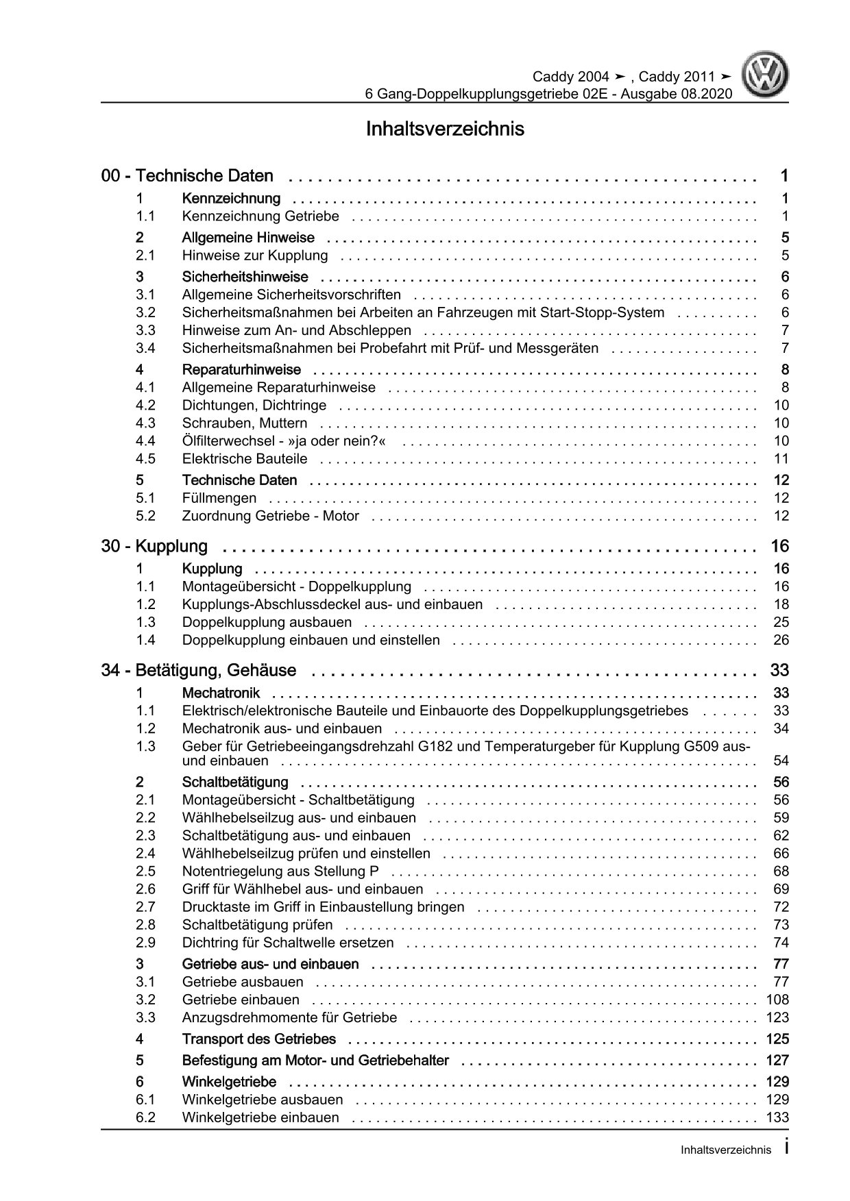 VW Caddy Typ 2K 2003-2010 6 Gang Automatikgetriebe DKG 02E Reparaturanleitung