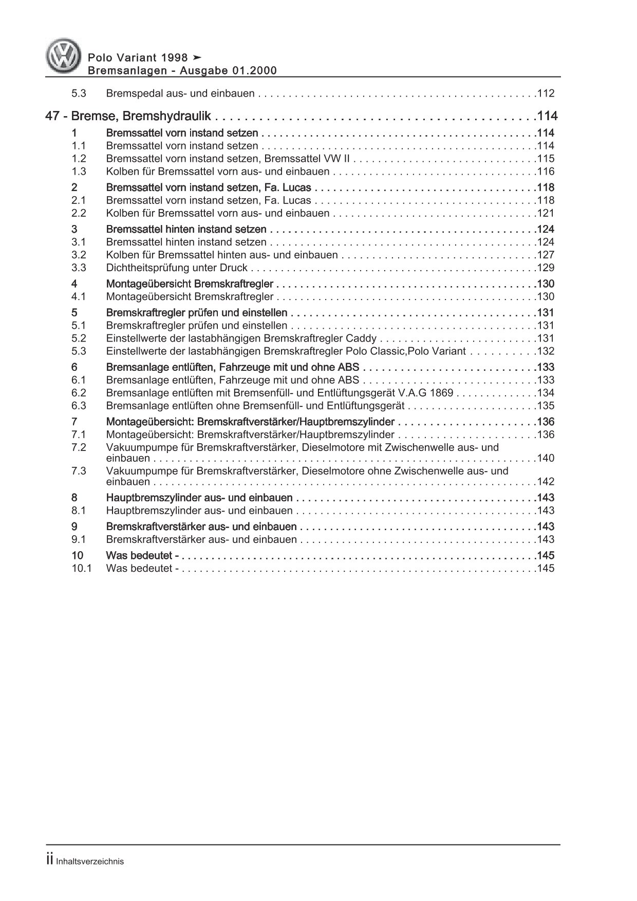 VW Caddy Typ 9K 1995-2003 Bremsanlagen Bremsen System Reparaturanleitung