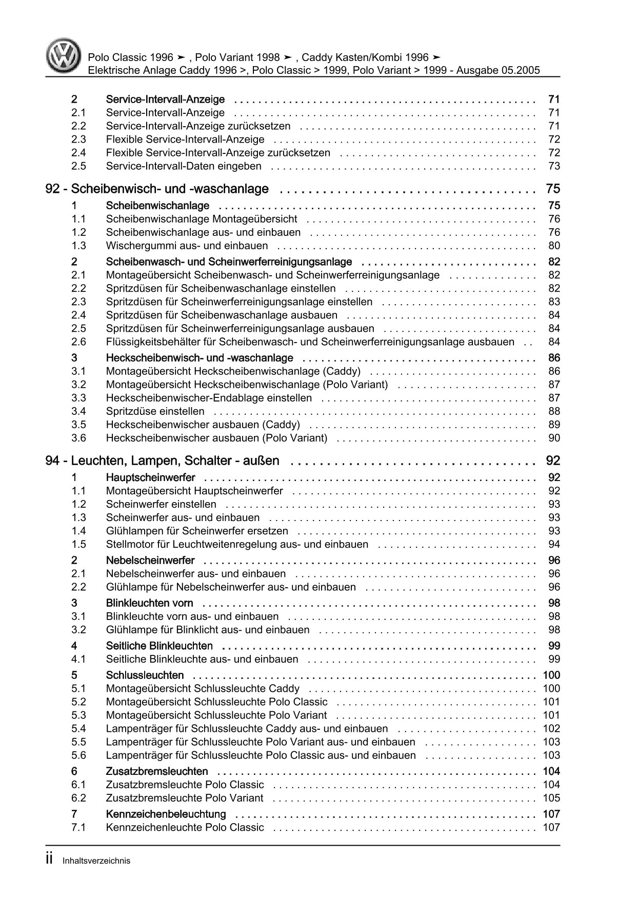 VW Caddy Typ 9K 1995-2003 Elektrische Anlage Elektrik Systeme Reparaturanleitung