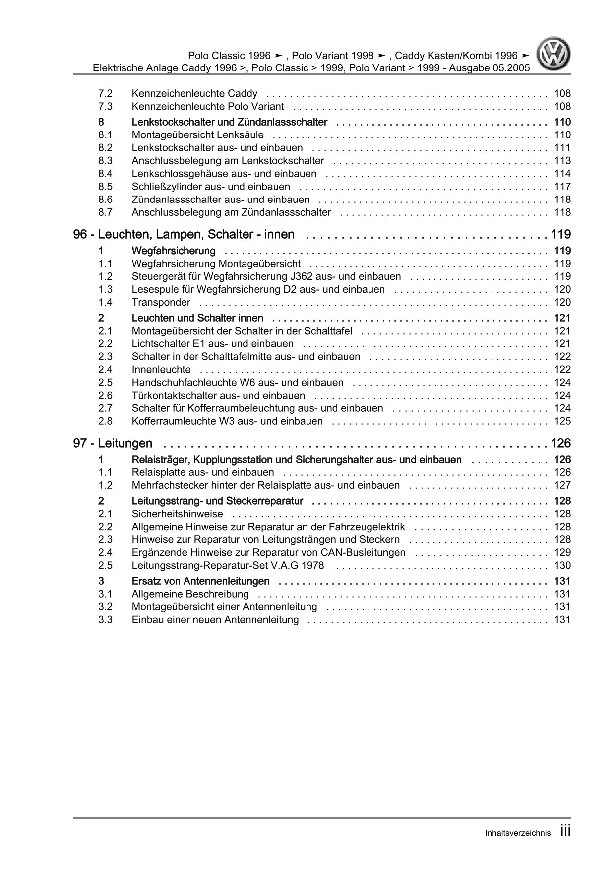 VW Caddy Typ 9K 1995-2003 Elektrische Anlage Elektrik Systeme Reparaturanleitung