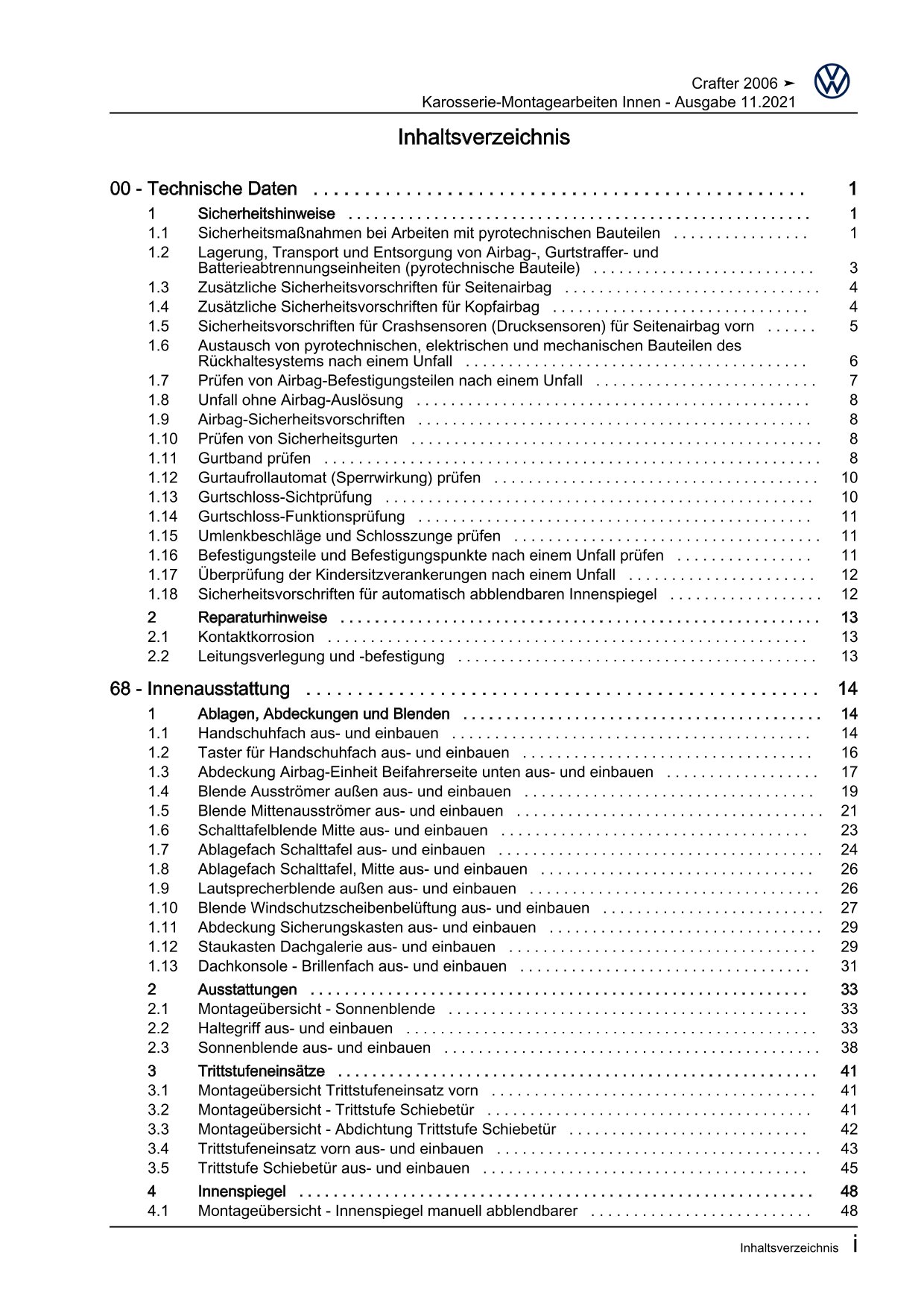 VW Crafter Typ 2E 2006-2016 Karosserie Montagearbeiten Innen Reparaturanleitung