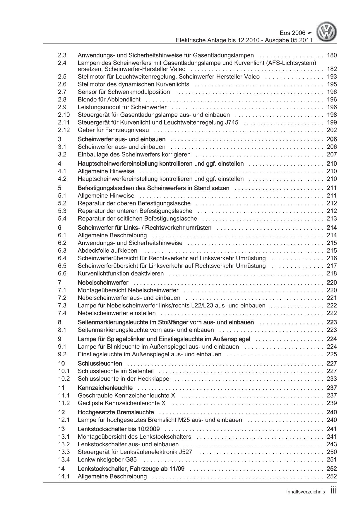 VW EOS Typ 1F 2006-2010 Elektrische Anlage Elektrik Systeme Reparaturanleitung