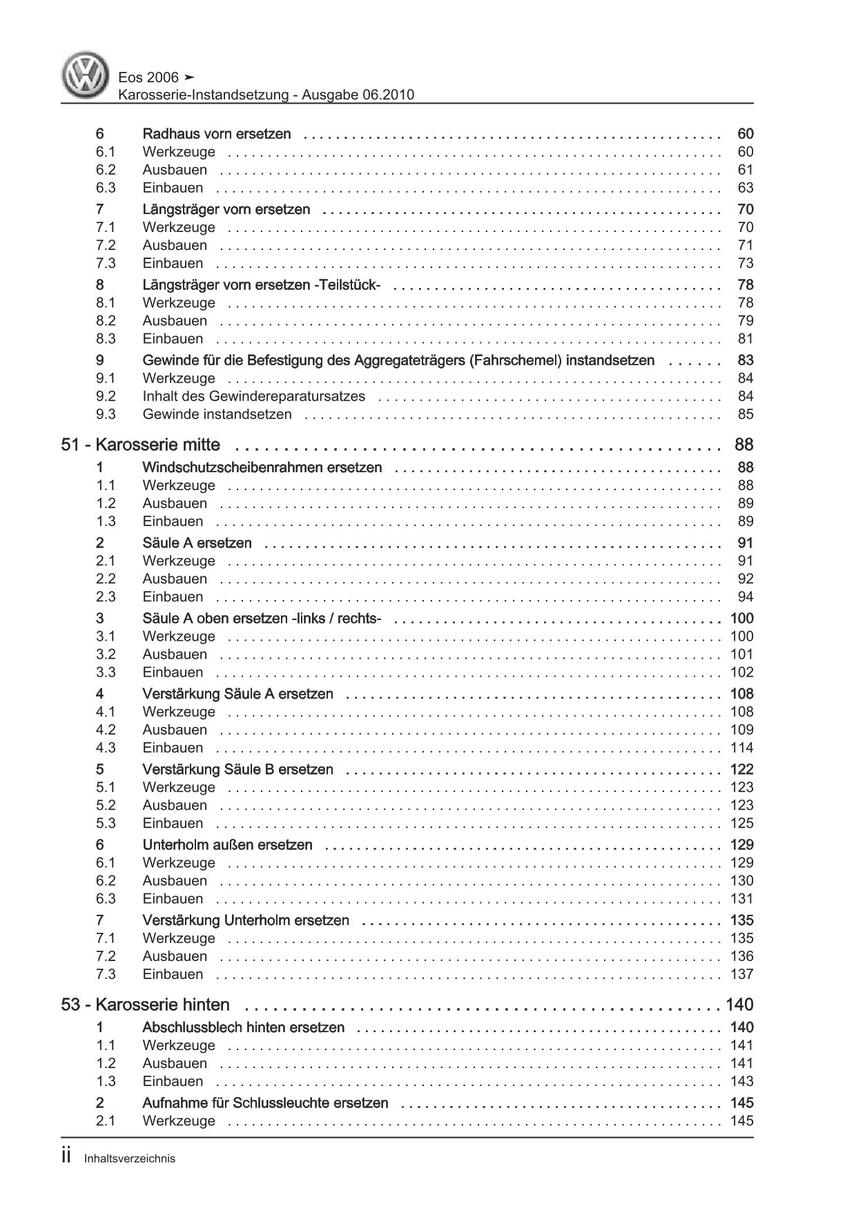 VW EOS Typ 1F 2006-2015 Karosserie Unfall Instandsetzung Reparaturanleitung